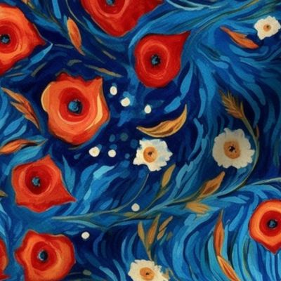 red white and blue flowers inspired by van gogh
