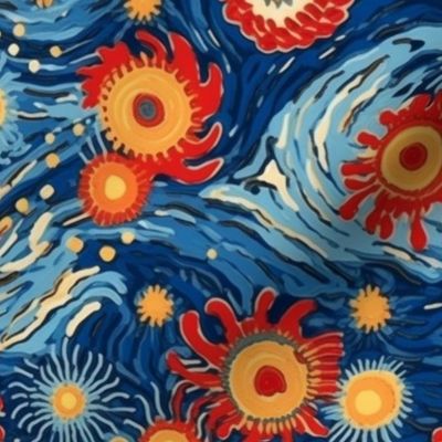 red white and blue starbursts inspired by van gogh