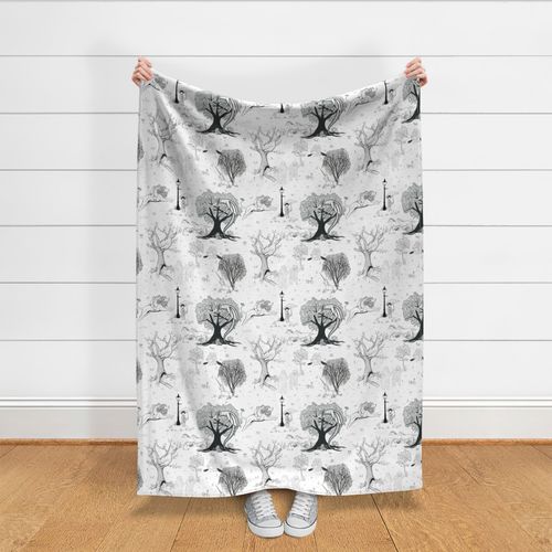 Through The Wardrobe Repeat Pattern British Fantasy Lewis Toile Grey Tones  and White Unicorn Bears Beavers Great Lion Eustace Dragon Tumnus Landscape 