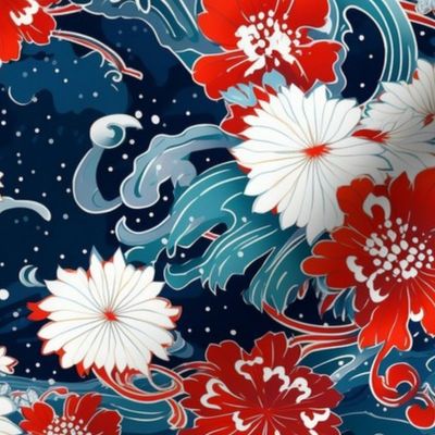 floral firework display in red white and blue inspired by vincent van gogh