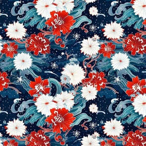 floral firework display in red white and blue inspired by vincent van gogh