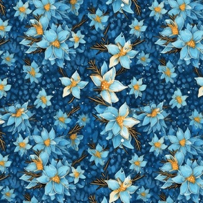 winter wonderland of white and blue snowflake flowers inspired by van gogh