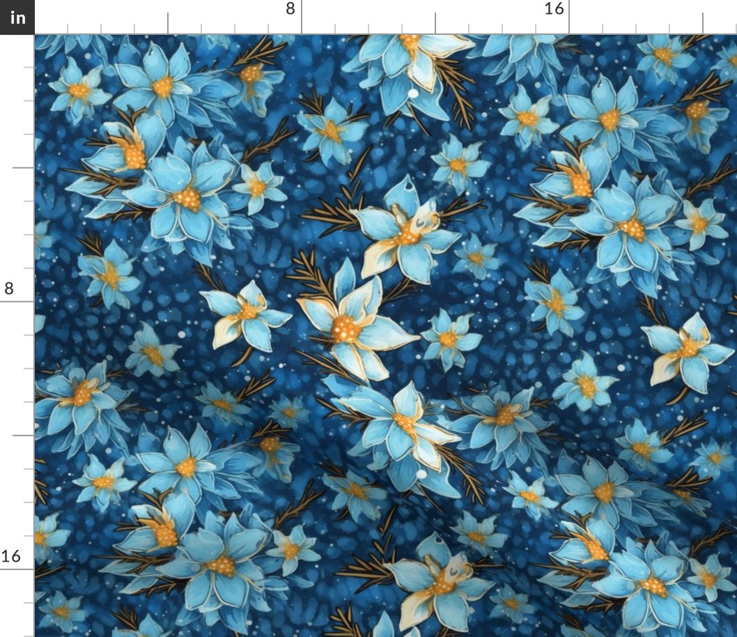 winter wonderland of white and blue snowflake flowers inspired by van gogh