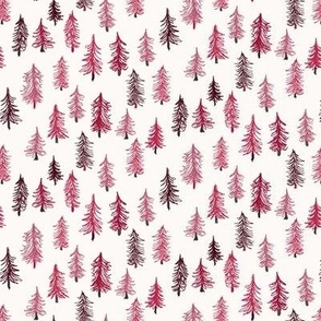 463 -  Mini small scale  magenta red pink pine trees in snowy forest - for non traditional festive Xmas table linens, kids and baby sewing,  psjs, dresses, apparel,  crafts, patchwork and cabin cozy vibes