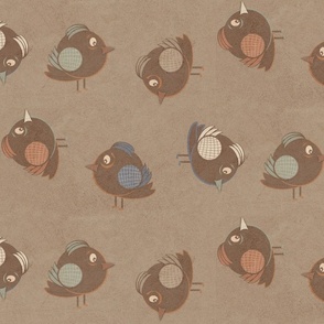 (M) Cute Earth Tone Tossed Textured Birds on Clay Brown