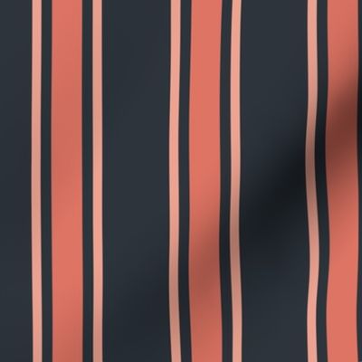 Spring garden regency heritage stripe - peach and coral on midnight - grandmillennial, traditional stripe for decor