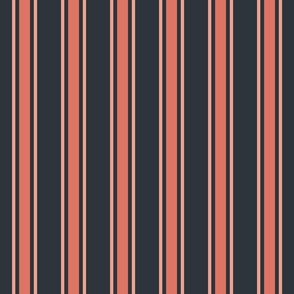 Spring garden regency heritage stripe - peach and coral on midnight - grandmillennial, traditional stripe for decor