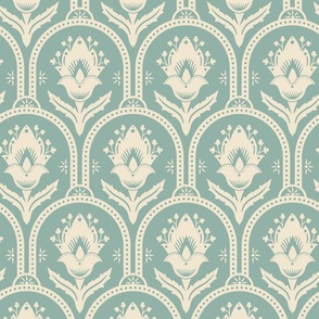 Spring Garden ethnic scallop arches with traditional flower, chinoiserie, grand millennial - cream on light teal - large