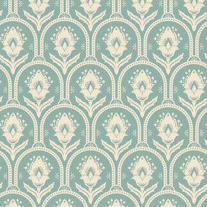 Spring Garden ethnic scallop arches with traditional flower, chinoiserie, grand millennial - cream on light teal - mid-large
