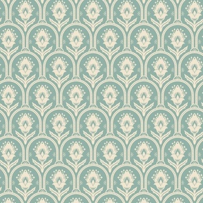 Spring Garden ethnic scallop arches with traditional flower, chinoiserie, grand millennial - cream on light teal - medium