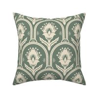Spring Garden ethnic scallop arches with traditional flower, chinoiserie, grand millennial - cream on sage - large