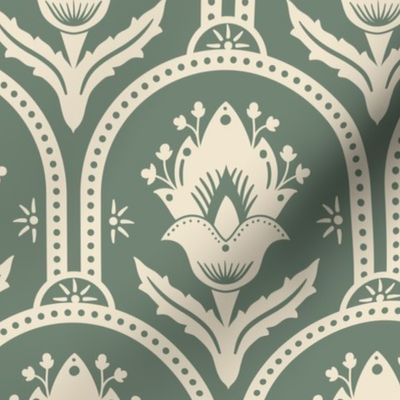 Spring Garden ethnic scallop arches with traditional flower, chinoiserie, grand millennial - cream on sage - large