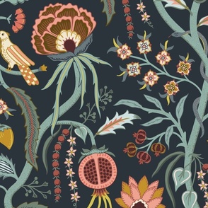 Tree of Life - spring garden fruit and flowers, Indian floral with birds and snake on midnight blue - grandmillennial, traditional - jumbo