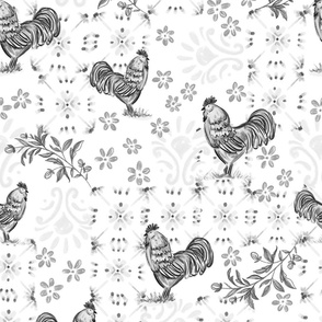 French country farm yard chicken, Rooster with french tiles & ornate florals in  monochrome grey in a rustic style.