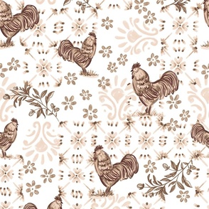 French country farm yard chicken, Rooster with french tiles & ornate florals in  monochrome brown in a rustic style.