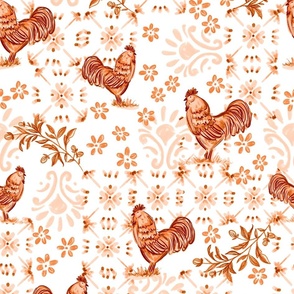 French country farm yard chicken, Rooster with french tiles & ornate florals in  monochrome orange in a rustic style.