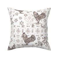 French country farm yard chicken, Rooster with french tiles & ornate florals in  monochrome taupe in a rustic style.