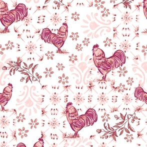 French country farm yard chicken, Rooster with french tiles & ornate florals in  monochrome pink in a rustic style.