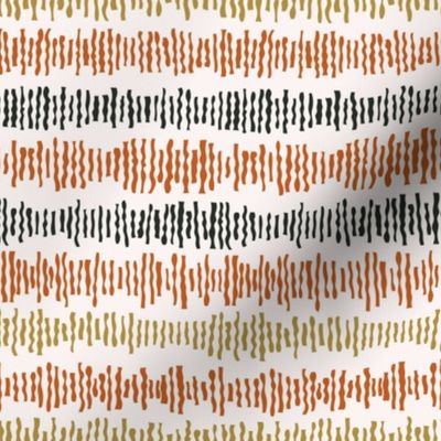 490 - Mini small scale  sound wave wonky organic wavy shapes in warm boho earth palette of mustard, burnt orange and charcoal on soft warm white, graphic retro  shapes in stripes, irregular wonky patterns for wallpaper, duvet covers, kids and adult appare