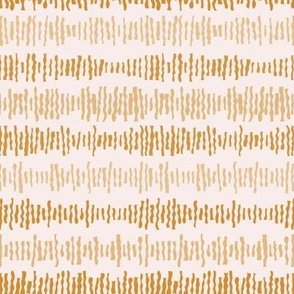 490 - Mini small scale  sound wave wonky organic wavy shapes in warm boho earth mustard on soft warm white, graphic retro  shapes in stripes, irregular wonky patterns for wallpaper, duvet covers, kids and adult apparel, crafts, bags and lampshades.