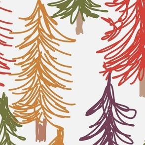 464 - Jumbo large scale Jelly bean Christmas pine tree forest in warm autumn tones of purple, mustard, deep coral and sap green - children's wallpaper, duvet covers, cute apparel, party dresses, girly cabin in the woods.