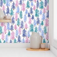 464 - Jumbo large scale magical unicorn winter pine forest in candy pink, periwinkle blue, purple and emerald green - children's wallpaper, duvet covers, cute apparel, party dresses, girly cabin in the woods.