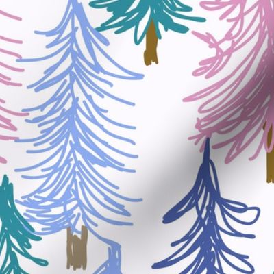 464 - Jumbo large scale magical unicorn winter pine forest in candy pink, periwinkle blue, purple and emerald green - children's wallpaper, duvet covers, cute apparel, party dresses, girly cabin in the woods.