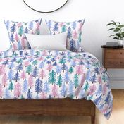 464 - Jumbo large scale magical unicorn winter pine forest in candy pink, periwinkle blue, purple and emerald green - children's wallpaper, duvet covers, cute apparel, party dresses, girly cabin in the woods.