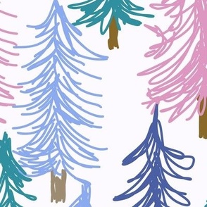 464 - Jumbo large scale magical unicorn winter pine forest in candy pink, periwinkle blue, purple and emerald green - children's wallpaper, duvet covers, cute apparel, party dresses, girly cabin in the woods.