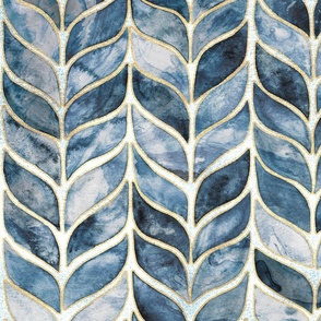 Gilded Watercolor Whale Tail Tiles - Navy - Medium Scale