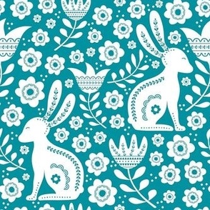 Medium Scale Easter Folk Flowers and Bunny Rabbits Spring Scandi Floral White on Lagoon Blue
