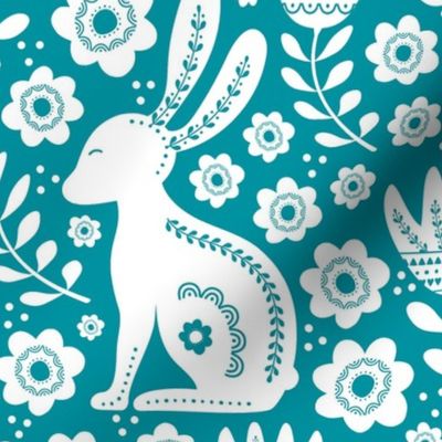 Large Scale Easter Folk Flowers and Bunny Rabbits Spring Scandi Floral White on Lagoon Blue