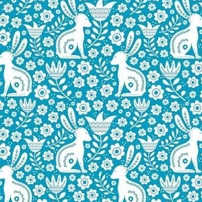 Small Scale Easter Folk Flowers and Bunny Rabbits Spring Scandi Floral White on Caribbean Blue