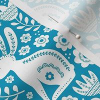 Medium Scale Easter Folk Flowers and Bunny Rabbits Spring Scandi Floral White on Caribbean Blue