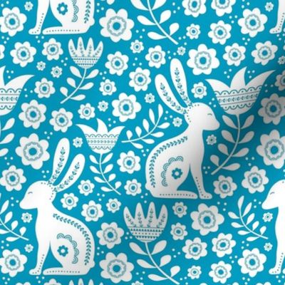 Medium Scale Easter Folk Flowers and Bunny Rabbits Spring Scandi Floral White on Caribbean Blue