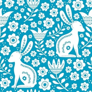 Large Scale Easter Folk Flowers and Bunny Rabbits Spring Scandi Floral White on Caribbean Blue