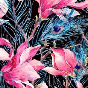 Watercolor Magnolia flowers and Peacock feathers on black