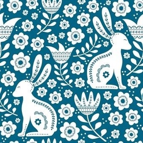 Medium Scale Easter Folk Flowers and Bunny Rabbits Spring Scandi Floral White on Peacock