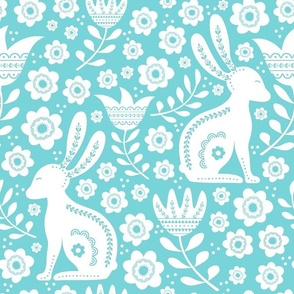 Large Scale Easter Folk Flowers and Bunny Rabbits Spring Scandi Floral White on Pool Blue