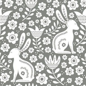 Medium Scale Easter Folk Flowers and Bunny Rabbits Spring Scandi Floral White on Pewter