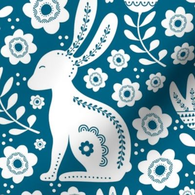 Large Scale Easter Folk Flowers and Bunny Rabbits Spring Scandi Floral White on Peacock