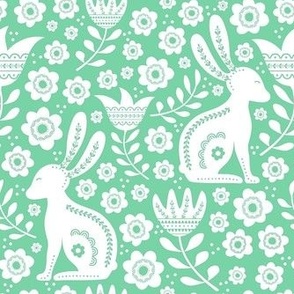 Medium Scale Easter Folk Flowers and Bunny Rabbits Spring Scandi Floral White on Jade Green