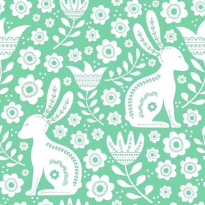 Large Scale Easter Folk Flowers and Bunny Rabbits Spring Scandi Floral White on Jade Green