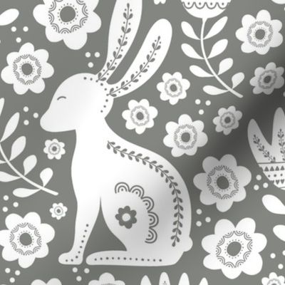 Large Scale Easter Folk Flowers and Bunny Rabbits Spring Scandi Floral White on Pewter