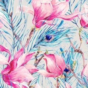 Shabby Watercolor Magnolia flowers and Peacock feathers