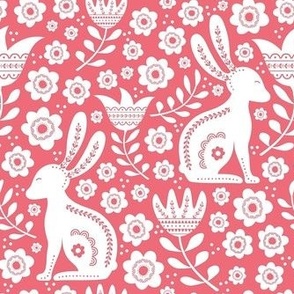 Medium Scale Easter Folk Flowers and Bunny Rabbits Spring Scandi Floral White on Watermelon