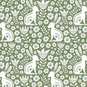 Small Scale Easter Folk Flowers and Bunny Rabbits Spring Scandi Floral White on Sage Green