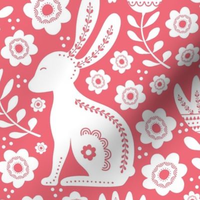 Large Scale Easter Folk Flowers and Bunny Rabbits Spring Scandi Floral White on Watermelon