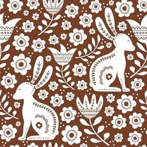 Medium Scale Easter Folk Flowers and Bunny Rabbits Spring Scandi Floral White on Cinnamon