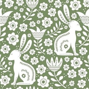 Medium Scale Easter Folk Flowers and Bunny Rabbits Spring Scandi Floral White on Sage Green